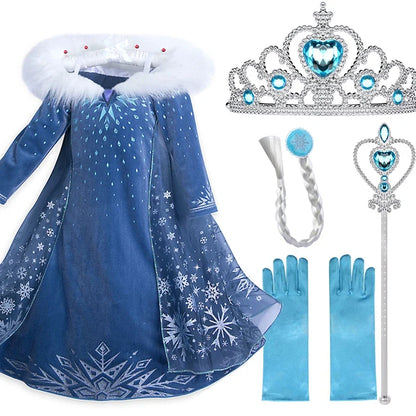 Elsa Dresses For Girls Princess Party Elsa Costume Snow Queen 2 Cosplay Elza Vestidos Hair Accessory Set Halloween Girls Clothes