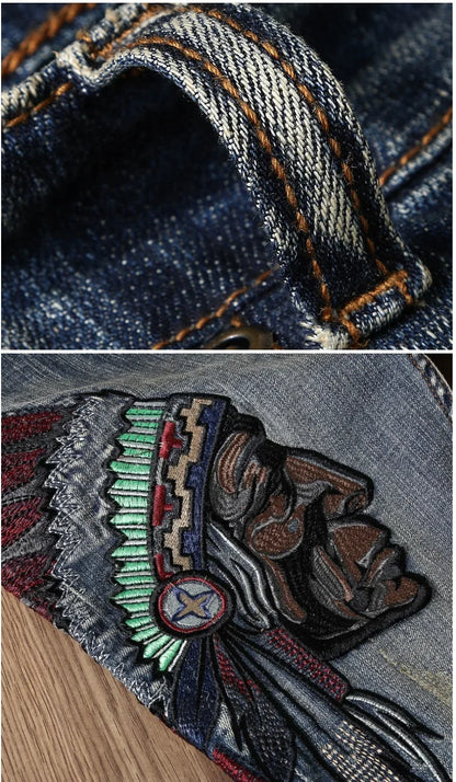 Indian Avatar Embroidered Jeans Men Scratch Long Cracks High Street Pants Soft Red Ears Blue Grey Slim 2020 Western Style