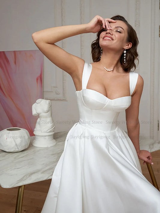 Short Wedding Dress Customized Civil  Dresses Sexy Sweetheart Simple Bridal Gowns Mid-Calf Satin Bride Dresses Backless