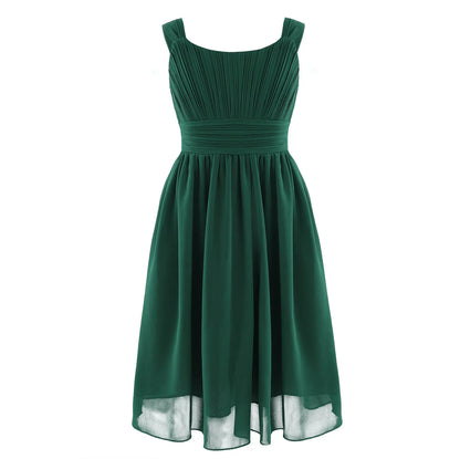 Summer Fashion Flower Girls Dress Wedding Birthday Party Kids Chiffon Dress Sleeveless Ruched Bodice Elegant Princess Dress