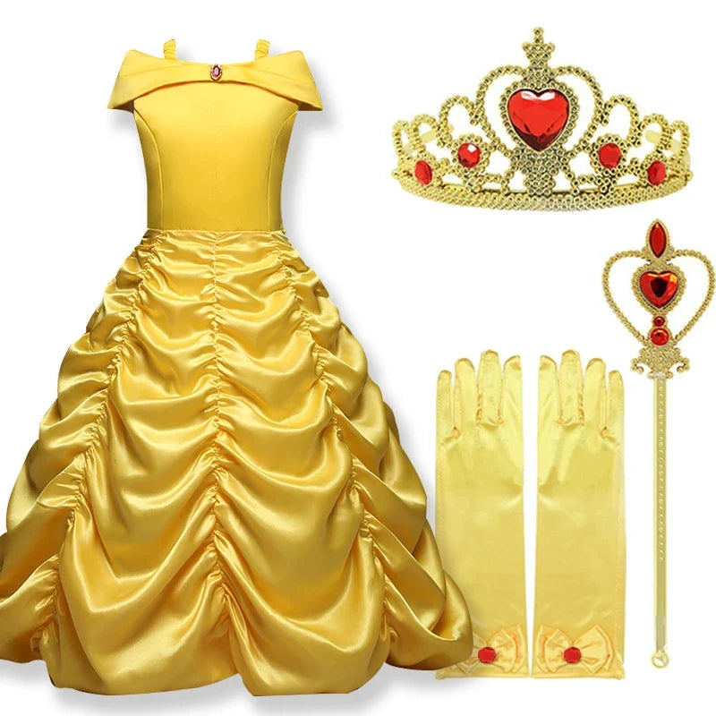Belle Princess Dress Girls Dresses for Beauty and the Beast Kids Party Clothing Magic Stick Crown Children Costume