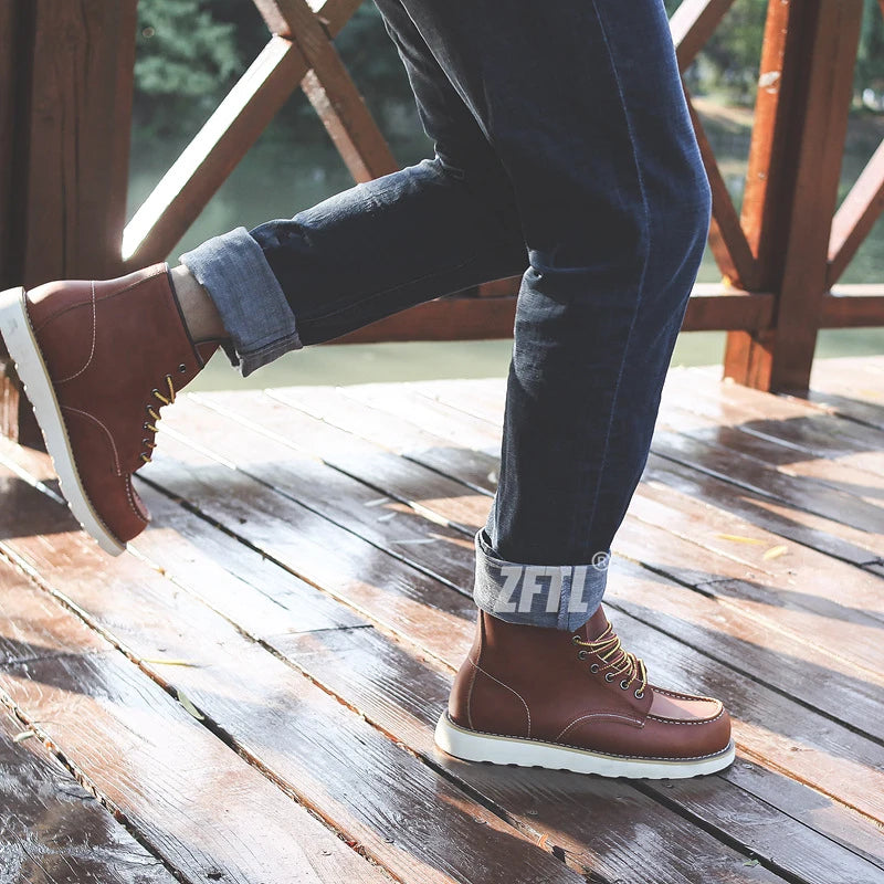 Men's Ankle Boots American retro tooling boots Casual Crazy Horse Leather Men's Boots Vintage Man Lace up Boots 2025