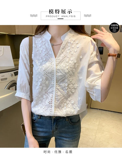 Summer Floral Embroidery Lace Blouse Fashion Women V Neck Casual Shirt Chic Short Sleeve Hollow Out Tops Elegant Blusas 24350