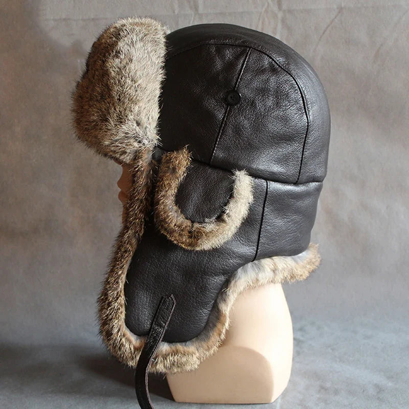 Winter Fur Bomber Hat Men Women Leather Russian Hat Snow Trapper Cap Warflap Ushanka
