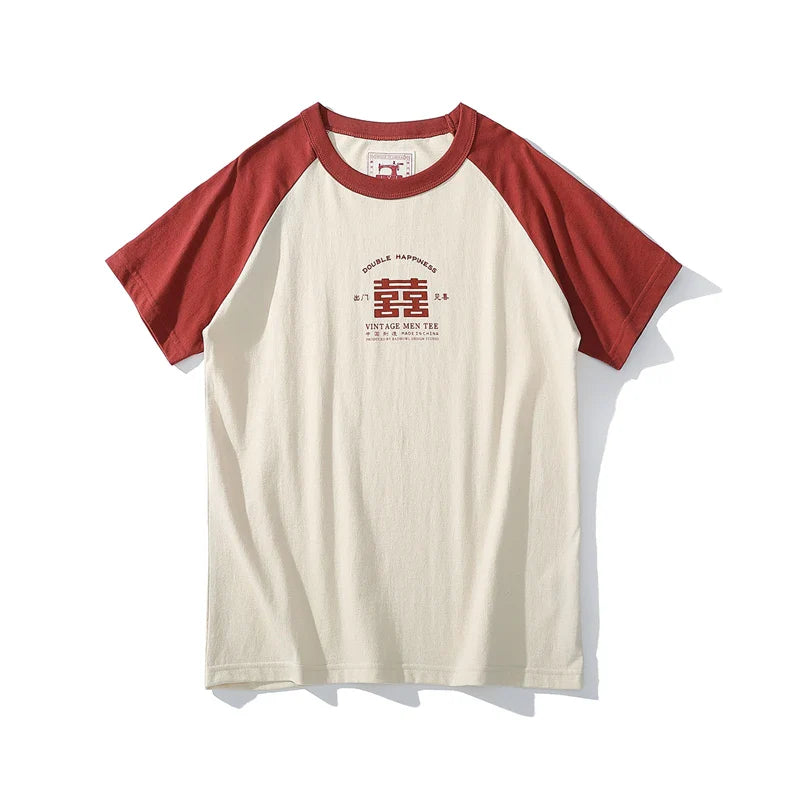 2024 Summer New Stitching Raglan Sleeve Man Retro Tshirt Women Casual Chinese Printing T-shirts Student Green Red Tee