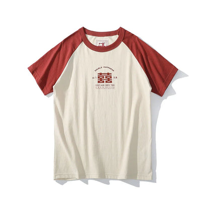 2024 Summer New Stitching Raglan Sleeve Man Retro Tshirt Women Casual Chinese Printing T-shirts Student Green Red Tee