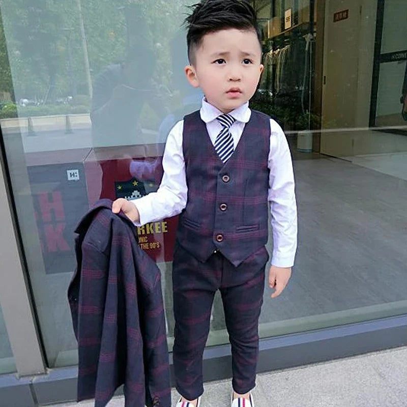 5Pcs Kids Boys Gentleman Suit Plaid Formal Attire Jacket Coat+Pants+T-Shirt+Vest+Tie Outfit Birthday Party Clothes
