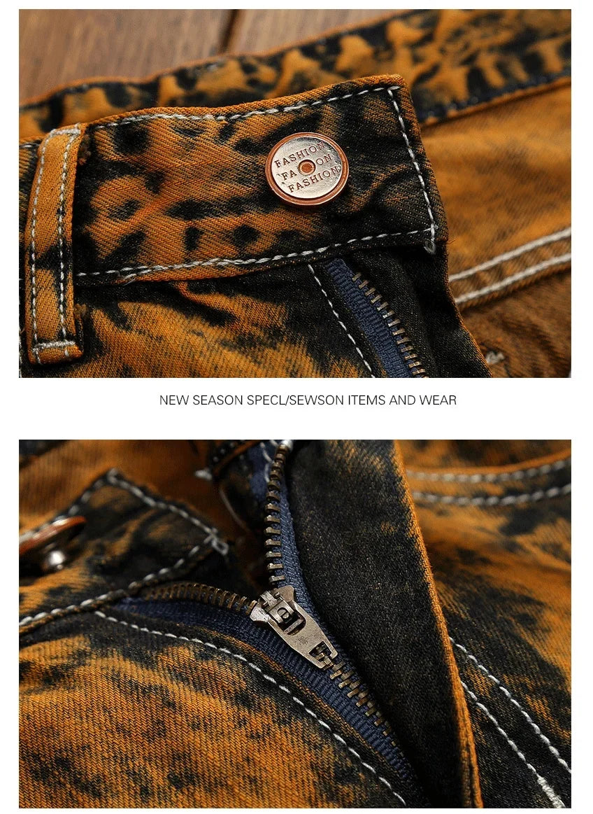 3D Black Patch Brown Jeans Men's High Street Pure Cotton Frayed Hole Fishing Net Decoration Elastic Comfortable Pants New