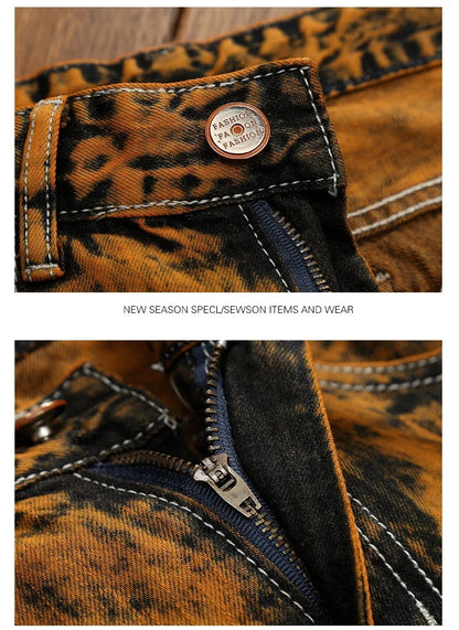 3D Black Patch Brown Jeans Men's High Street Pure Cotton Frayed Hole Fishing Net Decoration Elastic Comfortable Pants New