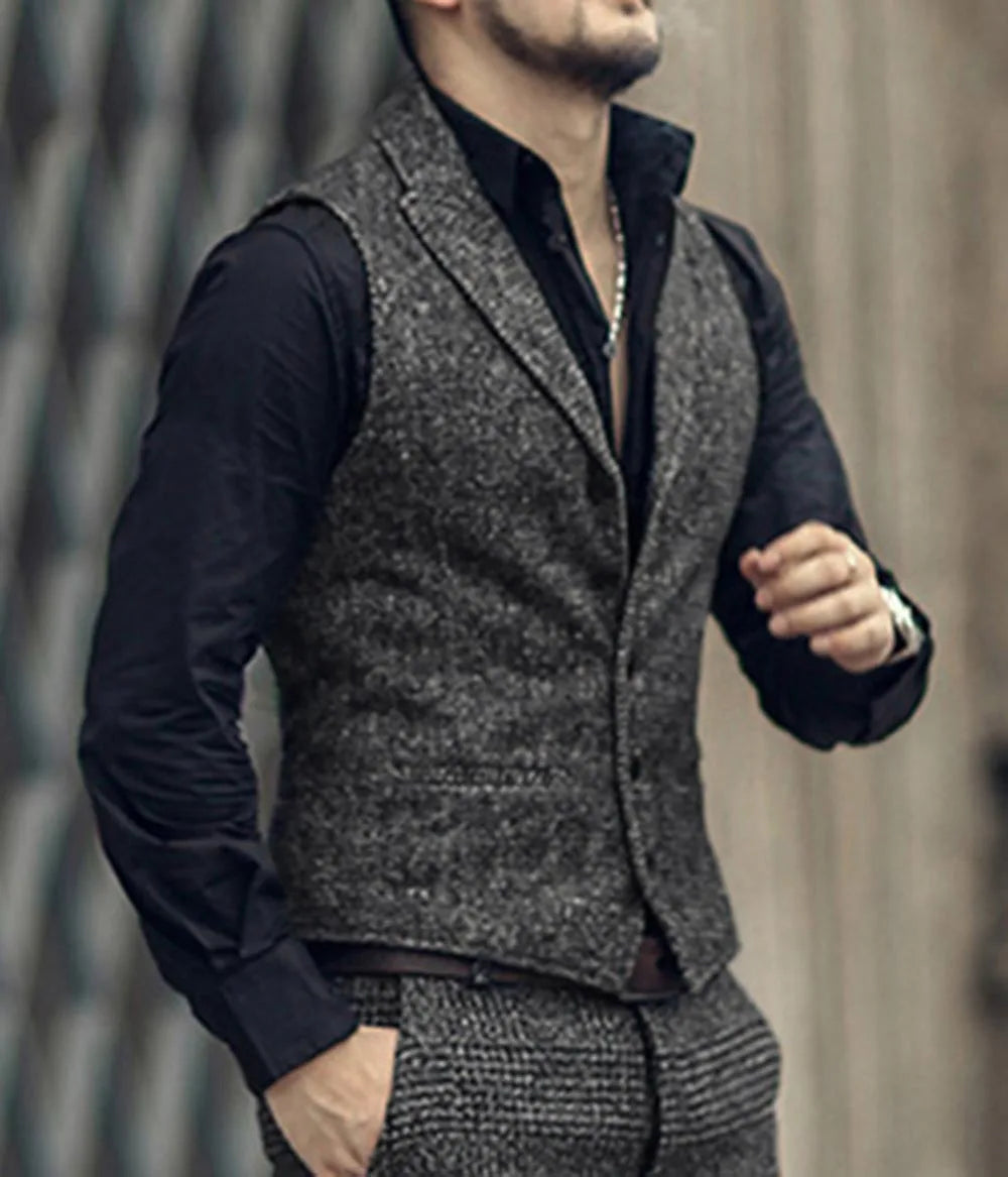 Men's Classic Suit Vest Herringbone Pattern Business Waistcoat Notch Lapel Wool Tweed Groomsmen Waistcoat For Wedding