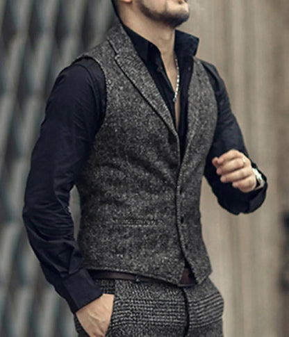 Men's Classic Suit Vest Herringbone Pattern Business Waistcoat Notch Lapel Wool Tweed Groomsmen Waistcoat For Wedding