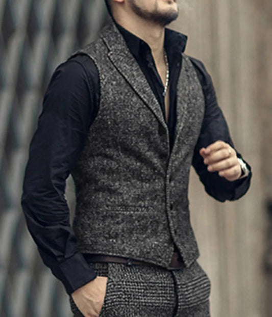 Men's Classic Suit Vest Herringbone Pattern Business Waistcoat Notch Lapel Wool Tweed Groomsmen Waistcoat For Wedding