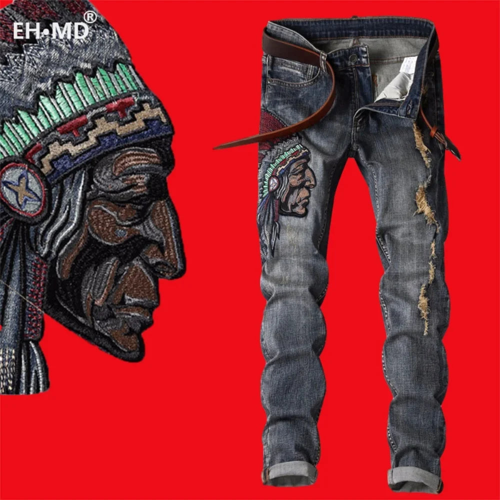 Indian Avatar Embroidered Jeans Men Scratch Long Cracks High Street Pants Soft Red Ears Blue Grey Slim 2020 Western Style