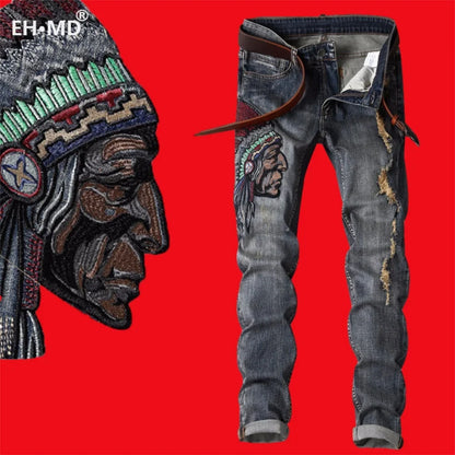 Indian Avatar Embroidered Jeans Men Scratch Long Cracks High Street Pants Soft Red Ears Blue Grey Slim 2020 Western Style