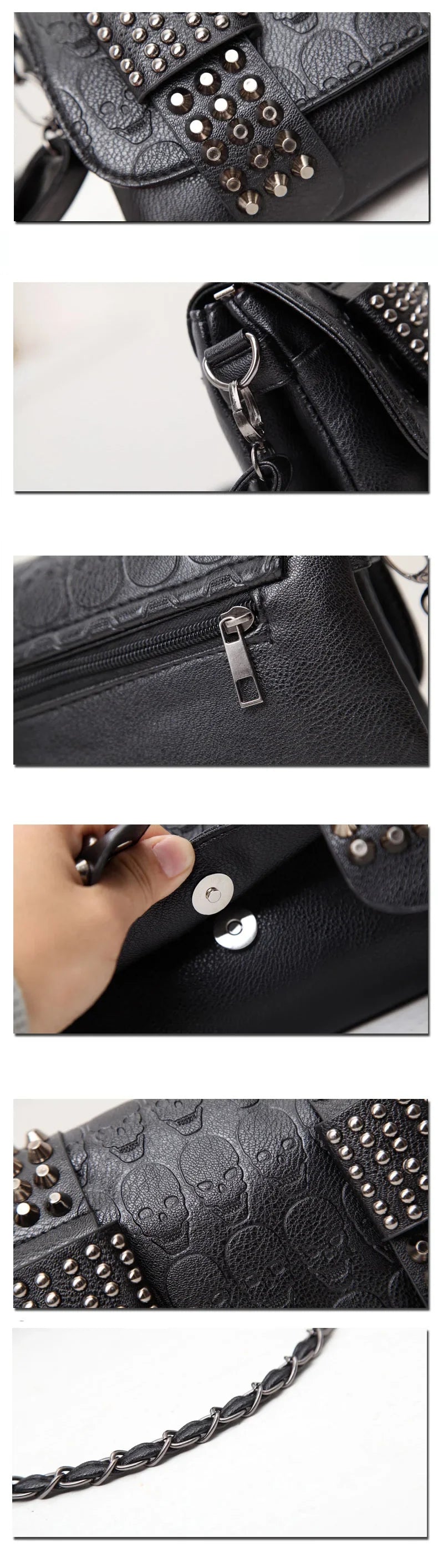 Women Black Leather Messenger Bags Single Skull Rivet Shoulder Bags Sac A Main Bolsa Black Vintage Sexy Bag Lady Drop