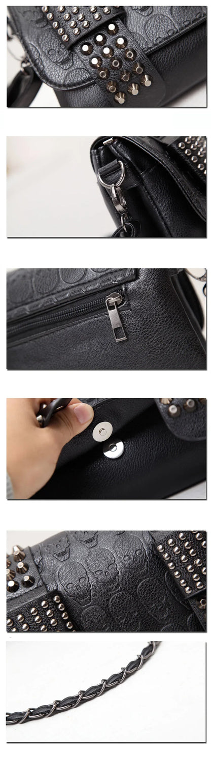 Women Black Leather Messenger Bags Single Skull Rivet Shoulder Bags Sac A Main Bolsa Black Vintage Sexy Bag Lady Drop