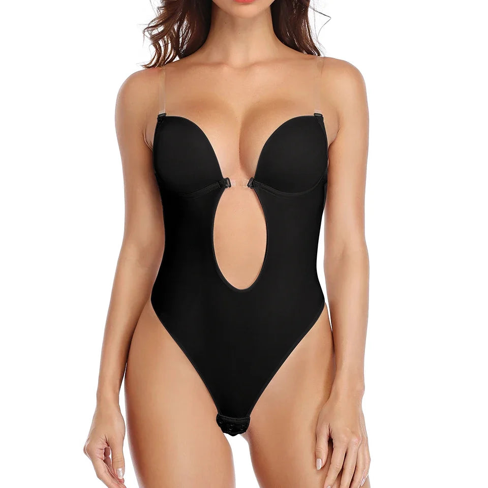 Backless Bodysuit Shapewear for Women Built-in Bra Multiple straps Thongs Body Shaper U Plunge Seam-free Faja with Open Crotch