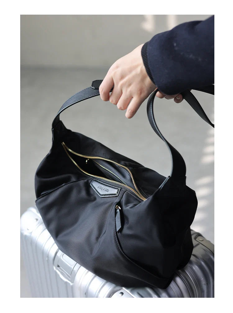 Lightweight Nylon Matching Genuine Leather Crossbody Bag High Quality Single Shoulder Bags Fashion Pleated Messenger Purses