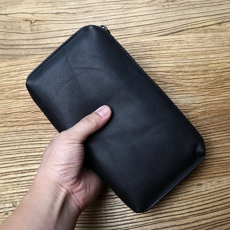 Leather Leisure Man With Long Purse, Soft Leather, Hand Zipper, Money Chuck Layer, Cowhide Credit Card Bag, Cell Phone Bag