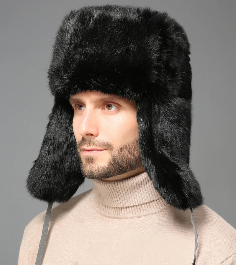 Thick Warm Trapper Hat Men Real Rabbit Fur Earflap Russian Cap Male Plus Size Winter Hats for Men Ski Russian Hat