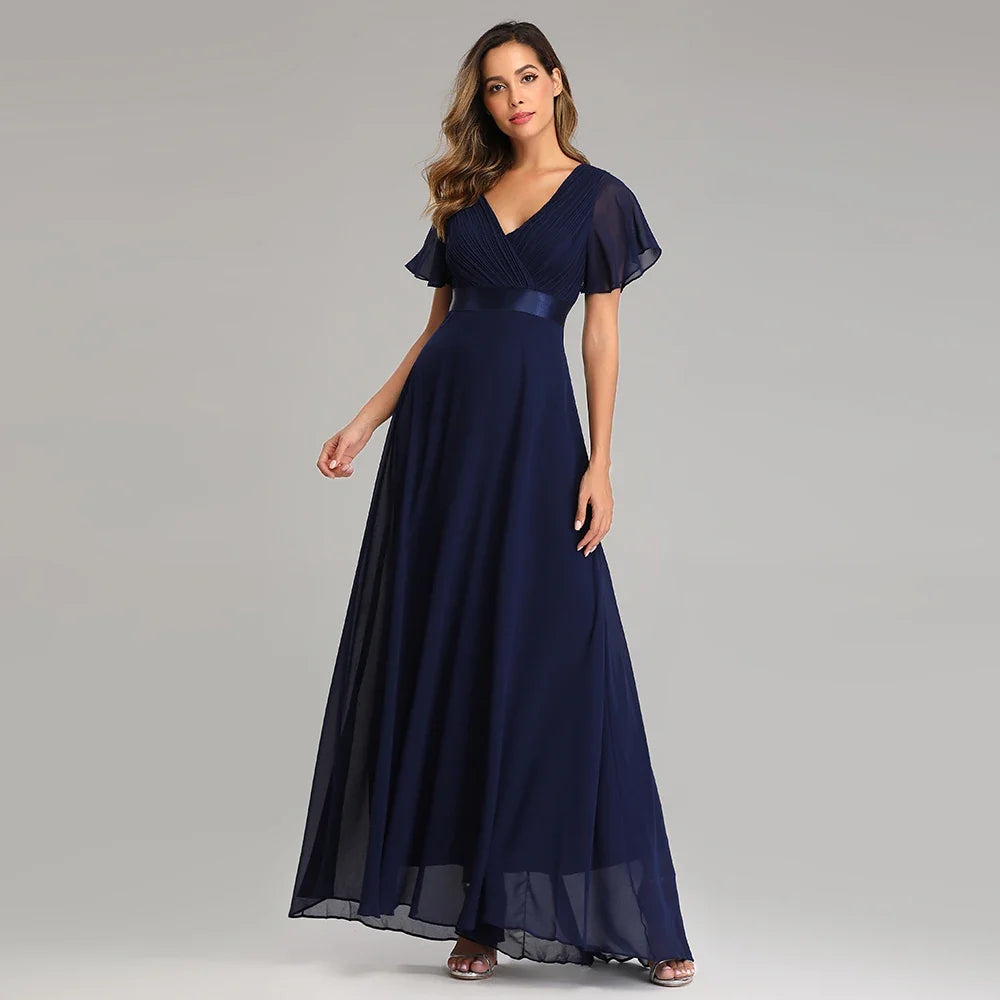 Evening Dresses Elegant V-Neck Ruffles Chiffon Formal Evening Gown  Robe Vestidos De Fiesta Dress for Wedding Party