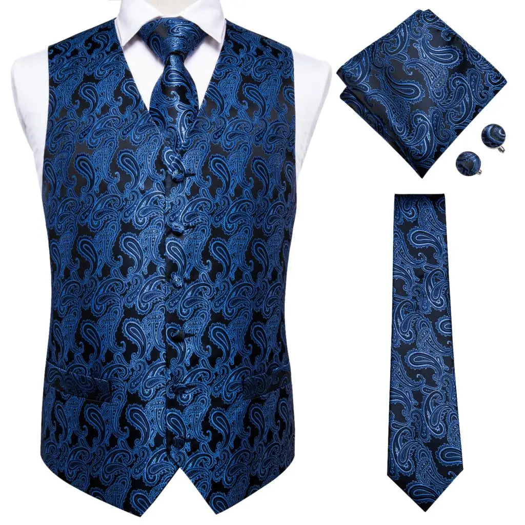 Silk Mens Vests Sleeveless Waist Jacket Jacquard Black Orange Floral Waistcoat Tie Hanky Cufflinks Set for Men Casual XXL
