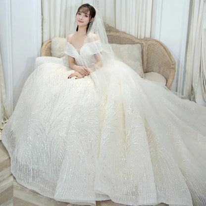 Cheap Wedding Dress Shiny Wedding Dress Classic Boat Neck Bridal Party Gown Vestido De Noiva Robe De Mariee Customized