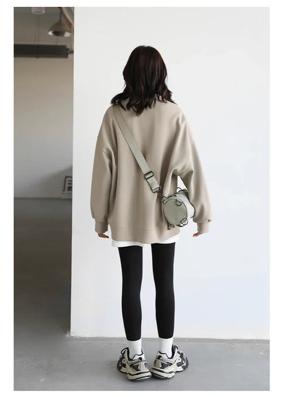 Korean Autumn Winter Women's Sports Coat Casual Loose V-neck Sweatshirt for Women Thick Warm Tops Office Lady Female