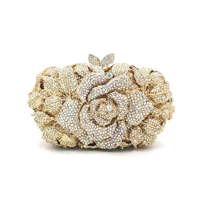 Green Pink Multicolored Rose Crystal Women Evening Clutches Bags Diamond Wedding Cocktail Party Purse And Stone Handbag