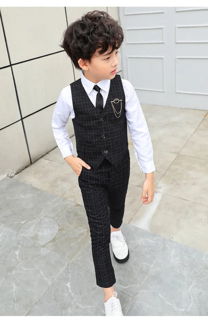 Boy Plaid Vest Blazer Kids Waistcoat Wedding Clothes Set Toddler Formal Dress Suit Child Brooch Shirt Pant Baby Gentlemen Outfit