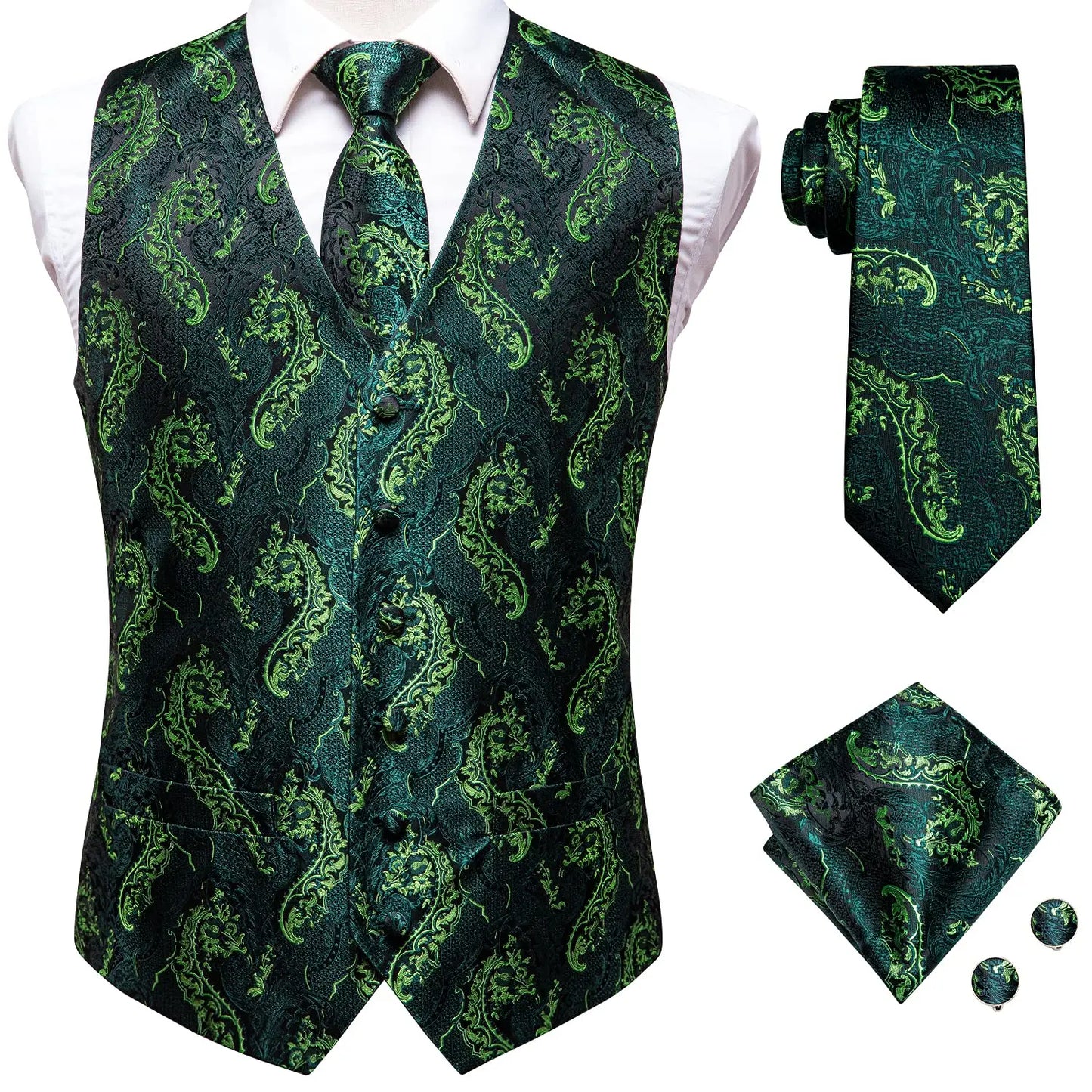 Navy Blue Mens Silk Vests Business Paisley V-Necl Waistcoat Tie Hanky Cufflinks Brooch Set for Men Suit Wedding Formal Hi-Tie