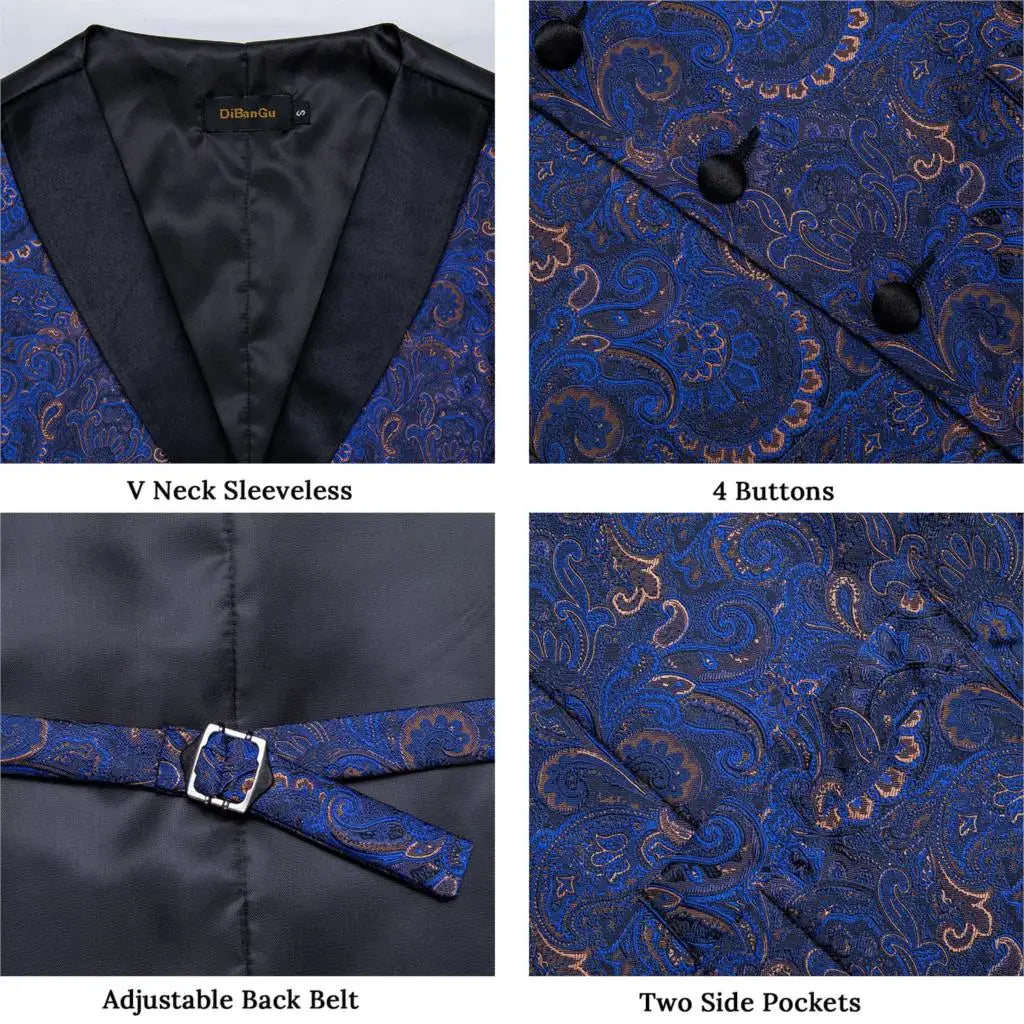 Men's Vest Blue Floral Suit Vest V Neck Tie Set For Wedding Party Brand Formal Dress Waistcoat Man Casual Sleeveless Jacket