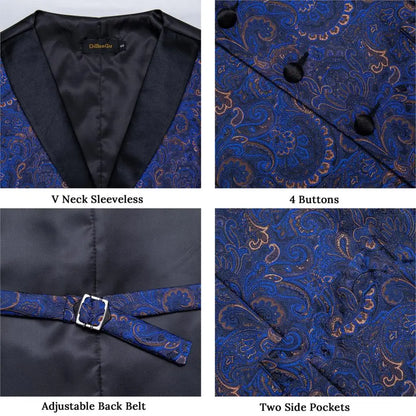 Men's Vest Blue Floral Suit Vest V Neck Tie Set For Wedding Party Brand Formal Dress Waistcoat Man Casual Sleeveless Jacket