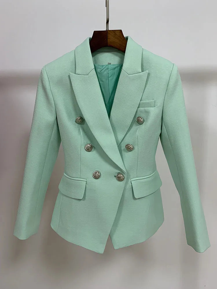 HIGH STREET 2026 Classic Baroque Designer Jacket Women's Metal Lion Buttons Double Breasted Textured Blazer Mint Green
