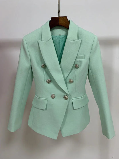 HIGH STREET 2026 Classic Baroque Designer Jacket Women's Metal Lion Buttons Double Breasted Textured Blazer Mint Green