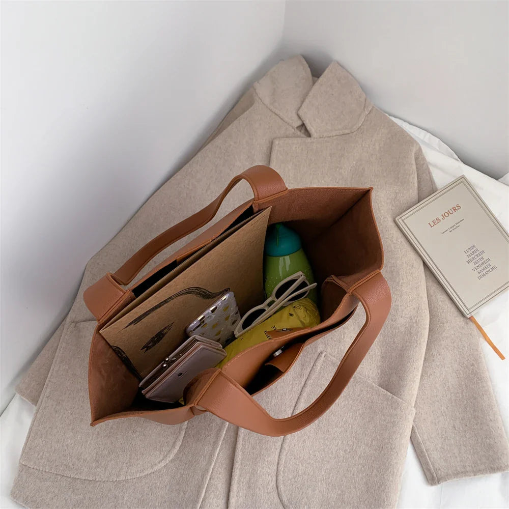 High Quality Soft Leather Woman Casual Tote Shopper Solid Color Handbags Large Capacity Single Shoulder Bag with Outer Pocket