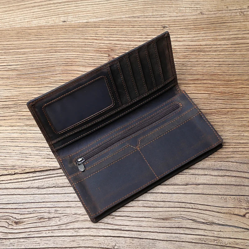 Vintage Leather Men's Wallet Mad Horse Leather Long Cell Phone Bag First Layer Cowhide Multi-card ID Bag