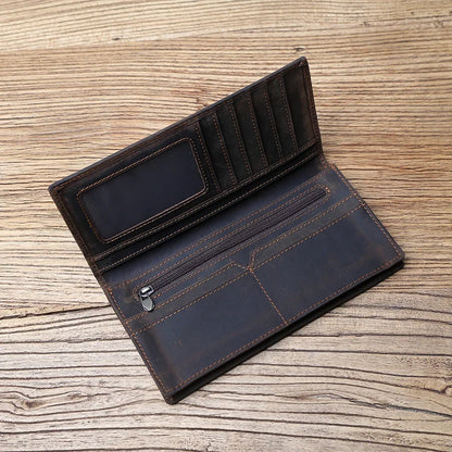 Vintage Leather Men's Wallet Mad Horse Leather Long Cell Phone Bag First Layer Cowhide Multi-card ID Bag