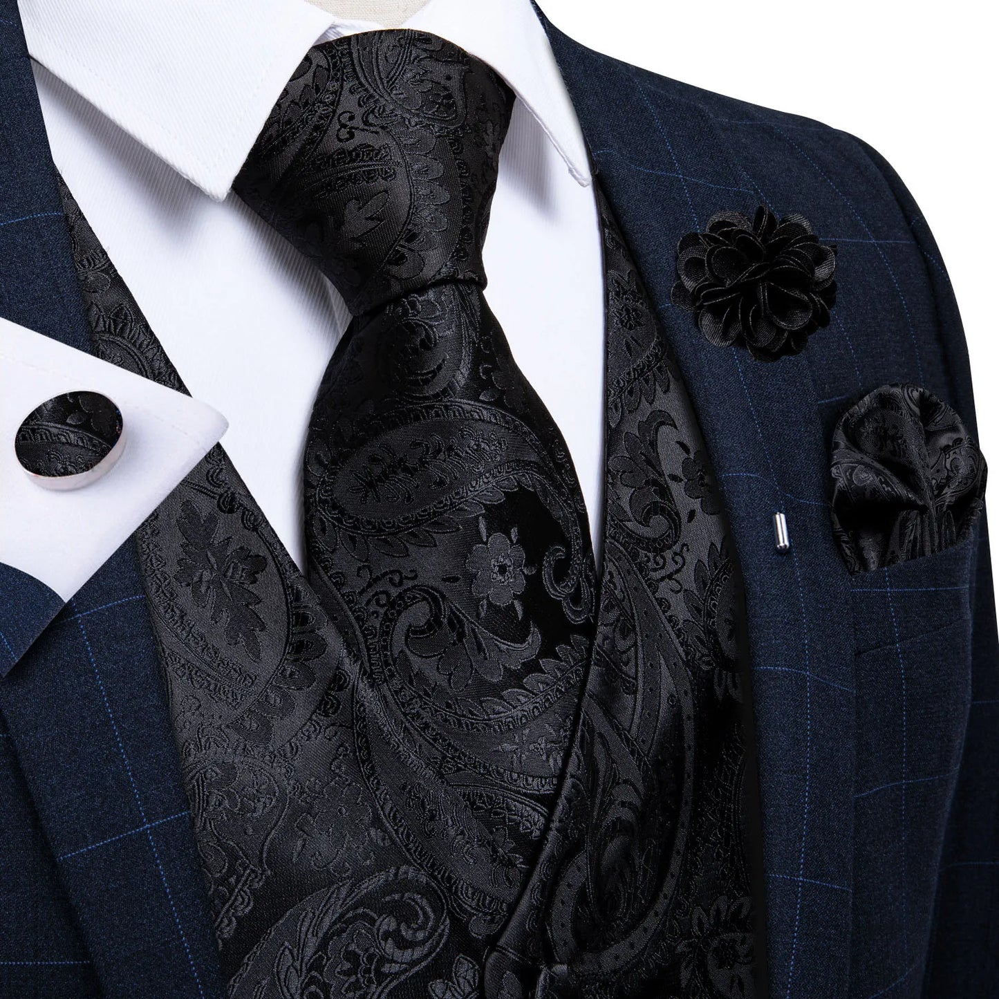 Classic Black Wedding Vest for Men Suit Vest Tie Ring Cufflinks Hanky Set for Party Formal Dress Business Casual Waistcoat