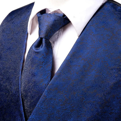 Silk Men's Vests and Tie Business Formal Dresses Slim Vest 4PC Necktie Hanky cufflinks for Suit Blue Paisley Floral Waistcoat