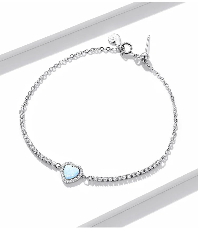 Authentic 925 Sterling Silver Opal Heart-Shaped Pendant Bracelet Fit Women Sterling Silver Jewelry Gift