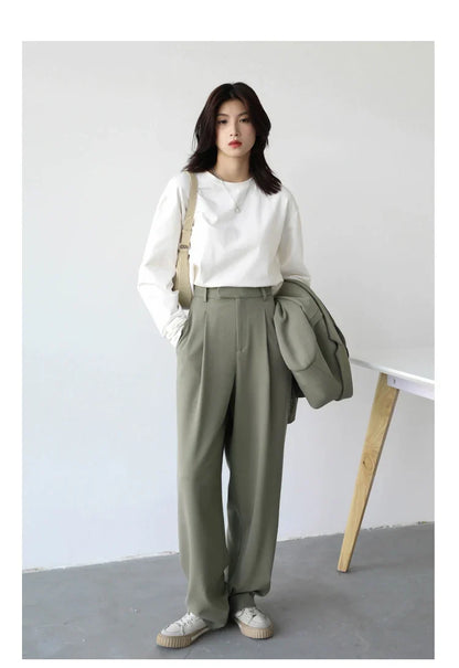 Simple Casual Women Twill Suit Pants Wide Leg Pants Straight Floor Pants Office Ladies Female Trousers