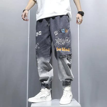 Printing Jeans Men's Gradient Hip Hop Trousers Harem Cartoon Loose Casual Ankle Banded Pants Cargo Denim Jeans Fashion