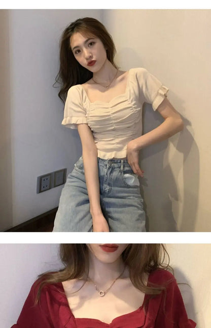 Knitted Fashion Blouse Woman Ruffle Youth Elegant Blouse Summer Crop Top Sexy Slim Fit Shirt Short Sleeve