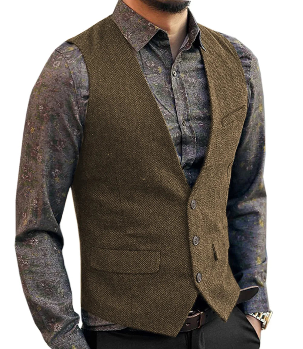 Men's V-Neck Suit Vests Fashion Formal Slim Fit Business Herringbone Dress Waistcoat for Tuxedo Wedding Party