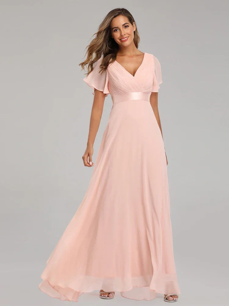 Evening Dresses Elegant V-Neck Ruffles Chiffon Formal Evening Gown  Robe Vestidos De Fiesta Dress for Wedding Party