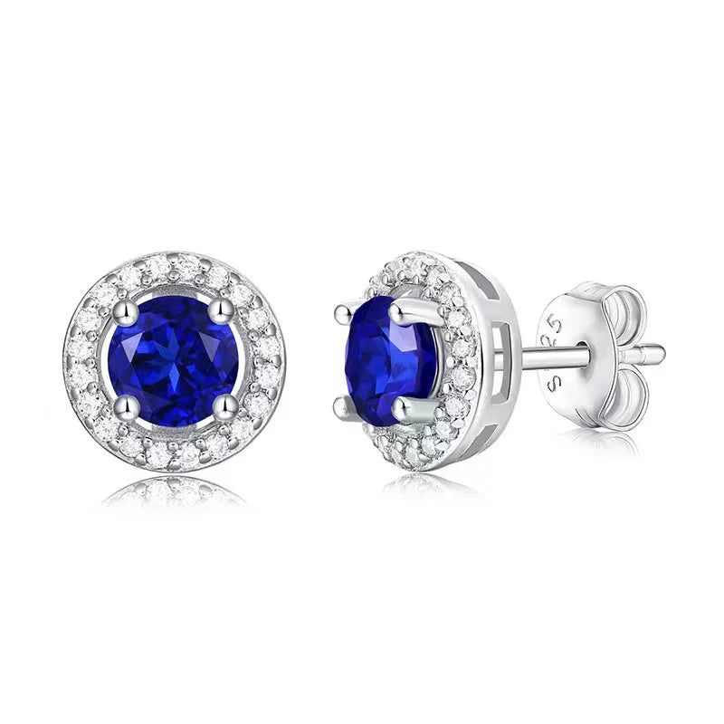 5mm Round Sapphire Halo Earrings for Women 100% 925 Sterling Silver Wedding Stud Earrings Fine Jewelry Plated White Gold Gift