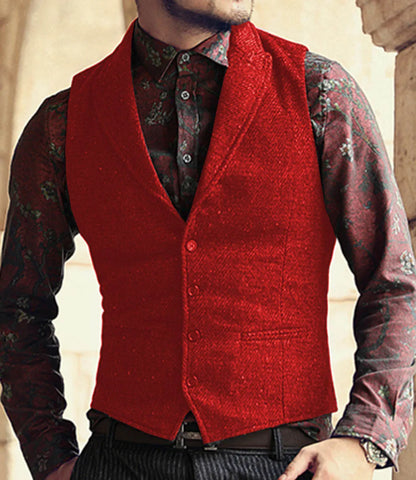Men's Classic Suit Vest Herringbone Pattern Business Waistcoat Notch Lapel Wool Tweed Groomsmen Waistcoat For Wedding
