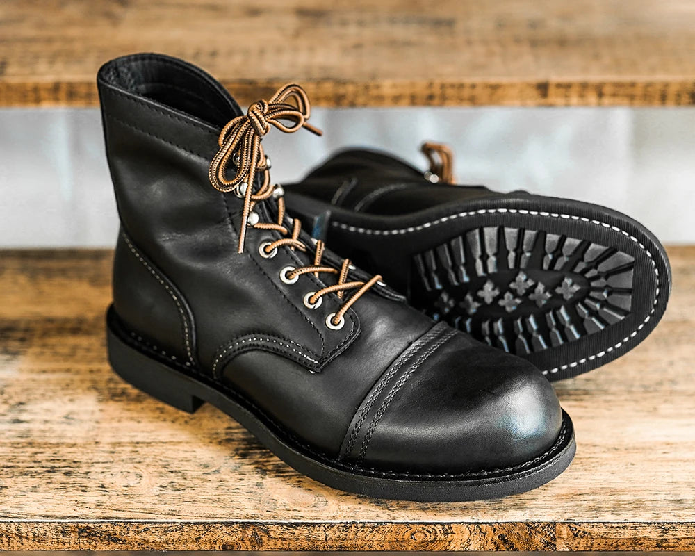 Durable Goodyear-Welted Motorcycle Rugged Heritage Boots Vintage Oil Genuine Leather 8111 Red Punk For Men Cowhide Mid-Cut Shoes