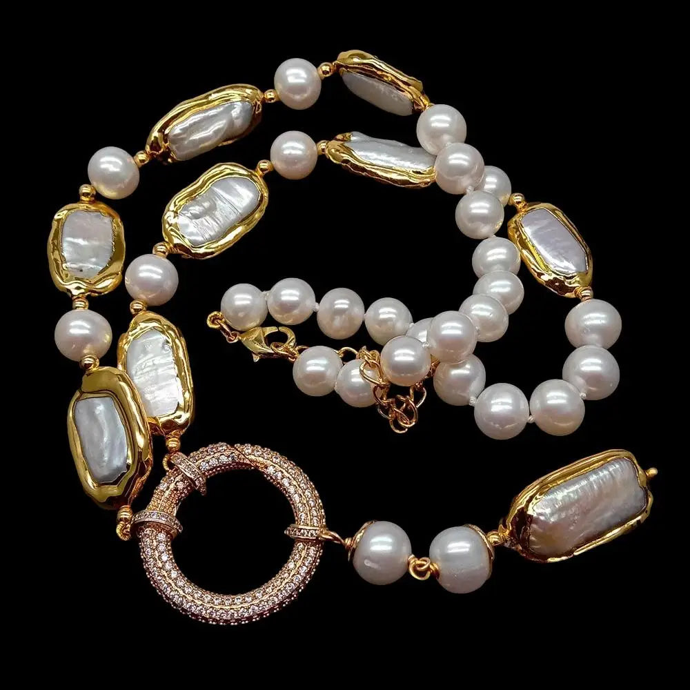 Natural 8-9mm Round Rectangle Cultured White Biwa Pearl Round Freshwater Pearl Y-Drop Necklace 18.5'